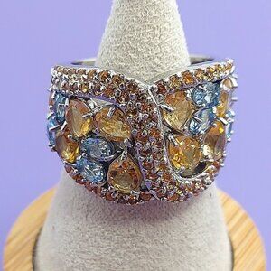 Natural Citrine  Sapphire Sky Blue Topaz 925 Sterling Silver Ring 7‎